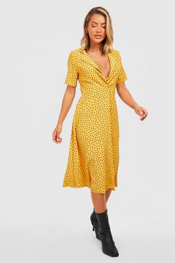 Mustard Yellow Polka Dot Shirt Style Midi Dress