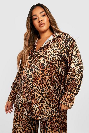 Plus Satin Leopard Print Co-ord Shirt brown