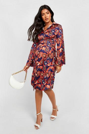 Navy Maternity Abstract Satin Tie Waist Shirt Midi Dress