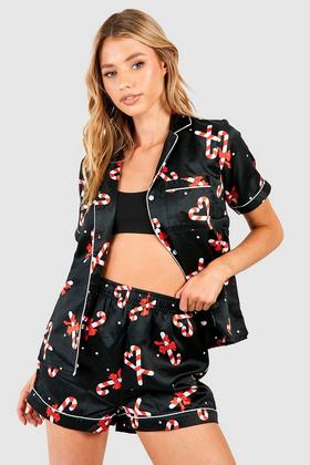 Booker Front Cut Out Cami Shorts Pajama Set Silk Pajamas Lace Trim Satin Nightwear, Women's, Size: XL, Black
