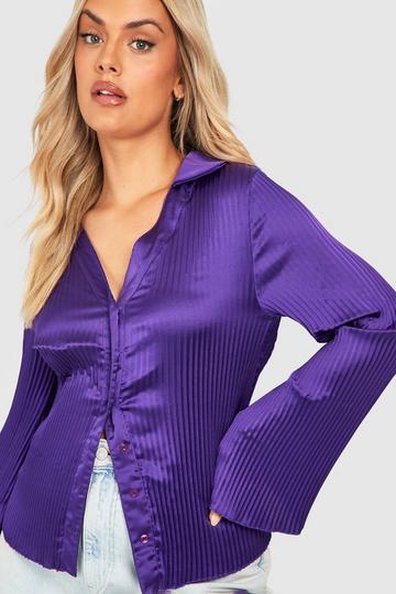 Plus Satin Plisse Flare Sleeve Shirt purple