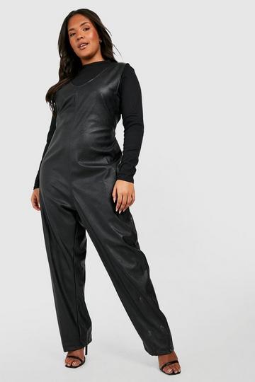 Plus Pu Pinafore Jumpsuit black