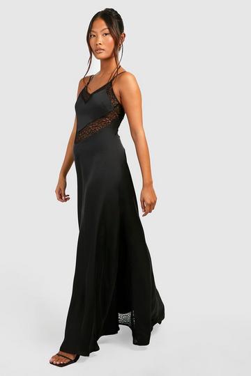 Petite Premium Satin Lace Panel Maxi Dress black