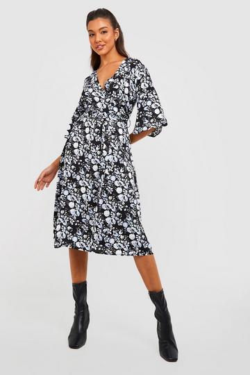 Floral Wrap Midi Dress black