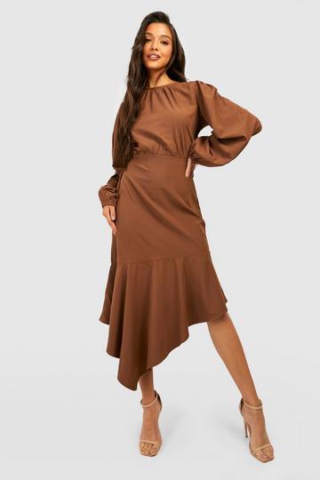 Long Sleeve Frill Hem Asymmetric Midi Dress chocolate