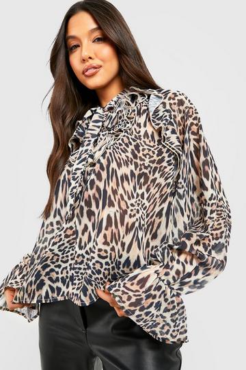 Leopard Pussybow Ruffle Blouse brown