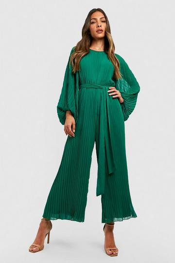 Pleated Long Sleeve Culotte Jumpsuit green