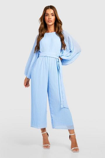 Blue Pleated Long Sleeve Culotte Jumpsuit