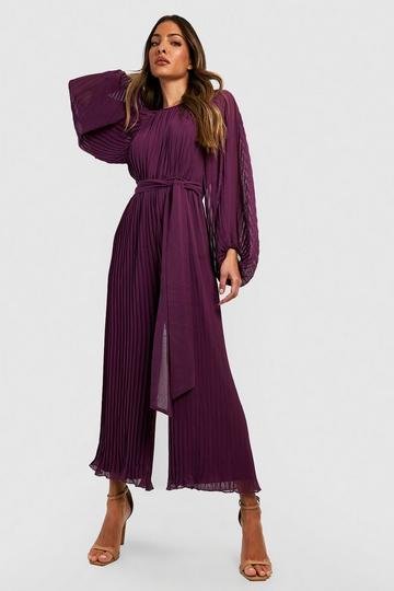 Pleated Long Sleeve Culotte Jumpsuit purple