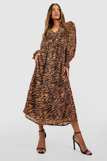 Zebra Print Frill Detail Midi Dress brown