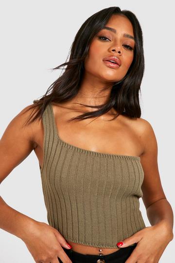 Rib Knitted One Sleeve Crop Top khaki