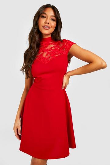 Lace High Neck Skater Dress red