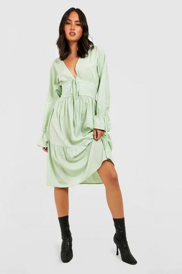 Sage Green Tiered Bow Detail Midi Dress