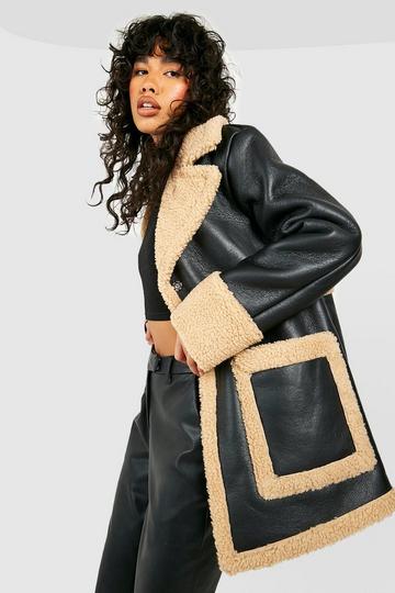 Faux Leather Teddy Trim Coat black