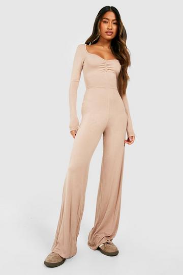 Beige Jersey Wide Leg Lounge Jumpsuit