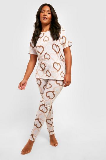 Plus Tonal Heart Print Top & Leggings Pyjama Set stone