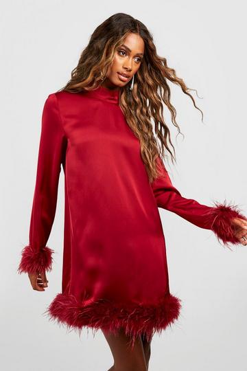 High Neck Feather Mini Party Dress wine