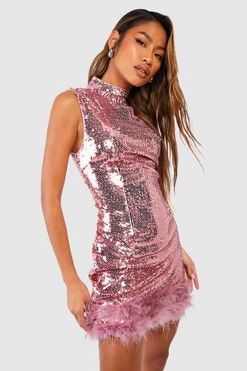 Sequin High Neck Feather Detail Party Dress blush