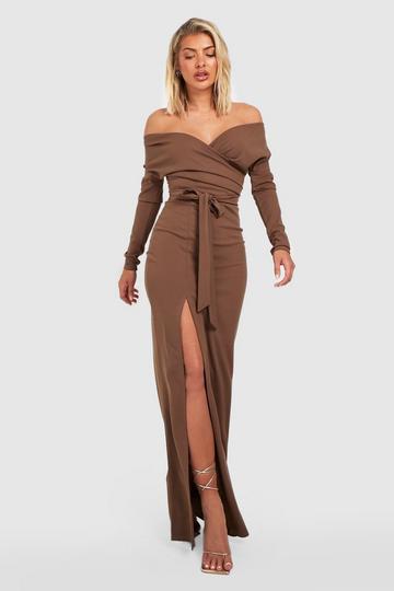 Off The Shoulder Split Maxi Bridesmaid Dress mocha