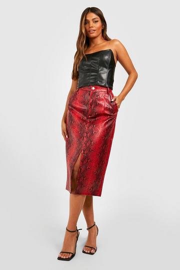 Python Faux Leather Split Midi Skirt red
