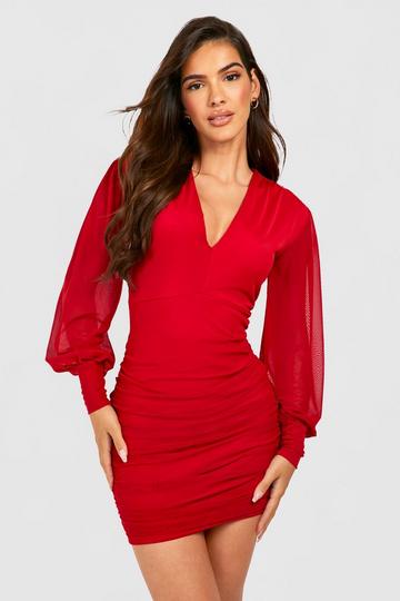 Mesh Plunge Blouson Sleeve Mini Dress red