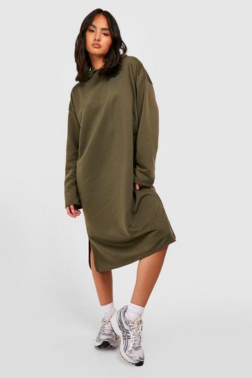Oversized Longline Hooded Sweatshirt Dress khaki