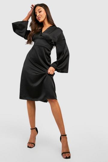 Satin Batwing Plunge Midi Dress black
