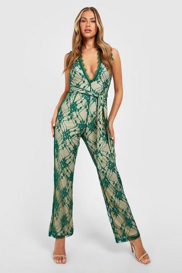 Green Lace Plunge Tie Detail Straight Leg Jumpsuit