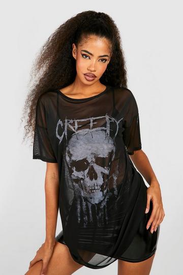 Halloween Skull Printed Mesh Oversized T-shirt Dress black