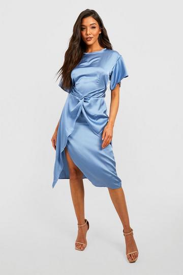 Blue Satin Twist Midi Dress