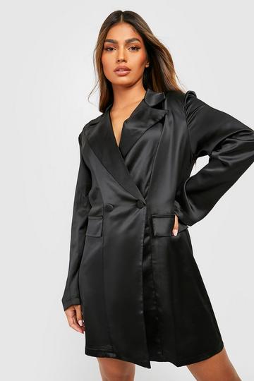 Premium Satin Double Breasted Blazer Dress black