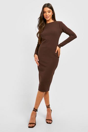 Brown Basic Long Sleeve Crepe Midi Dress