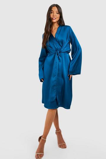 Teal Green Satin Wide Sleeve Tie Front Midi Dress