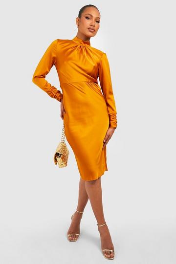 Satin Open Back High Neck Midi Dress marigold