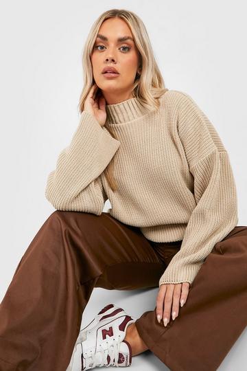Plus Knitted Funnel Neck Jumper stone