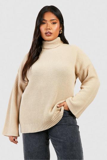 Stone Beige Plus Knitted Roll Neck Jumper