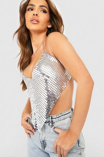 Green Chainmail Cowl Neck Crop Top