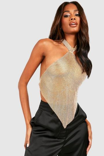 Gold Metallic Choker Detail Chainmail V Front Top