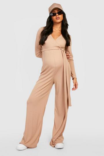 Maternity Rib Long Sleeve Wrap Belted Wide Leg Jumpsuit stone