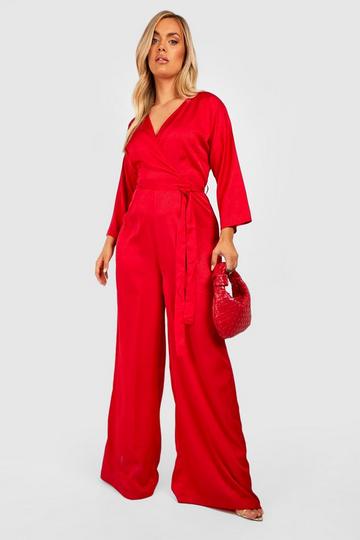 Plus Leopard Jacquard Satin Tie Front Wide Leg Jumpsuit red