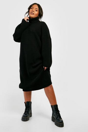 Plus Knitted Roll Neck Midi Jumper Dress black