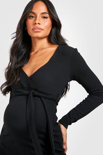 Maternity Crinkle Rib Belted Midi Dress black