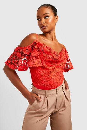 Tall Lace Cold Shoulder Cowl Bodysuit red