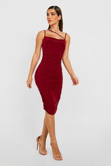 Double Slinky Strappy Ruched Midi Dress berry