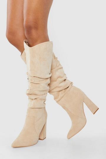 Soft Ruched Knee High Pointed Boots sand