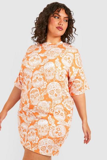 Plus Halloween Floral Skull T-shirt Dress orange