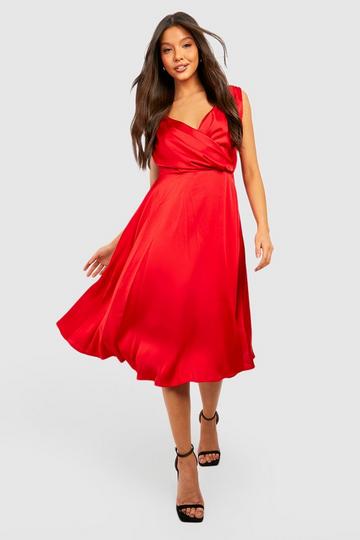 Red Satin Cowl Neck Wrap Midi Dress