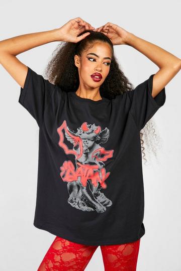 Black Satan Graffiti Halloween Printed Oversized T-shirt