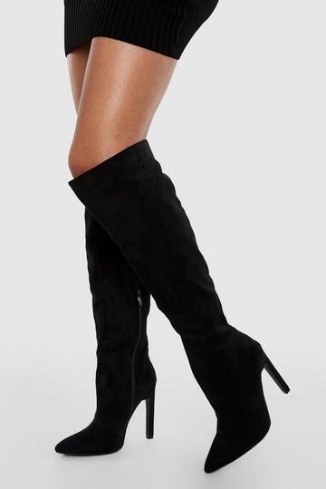 Black Skinny Block Heel Pointed Toe Knee High Boots