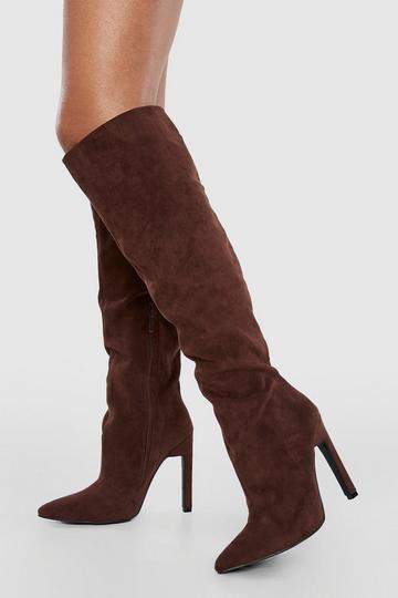 Skinny Block Heel Pointed Toe Knee High Boots chocolate